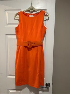 Calvin Klein Bright Orange Sleeveless Belted Midi Dress